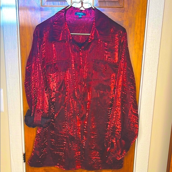 Elementz Tops - Artsy Whimsigoth Metallic Red Button Down Tunic Blouse | Women's 2X